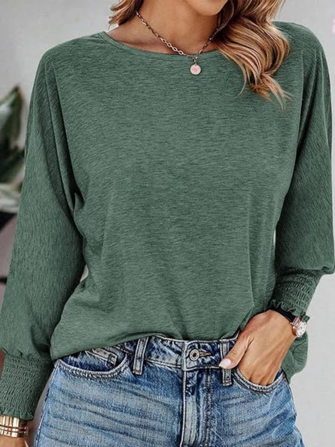 Round Neck Smocked Lantern Sleeve T-Shirt - felvior