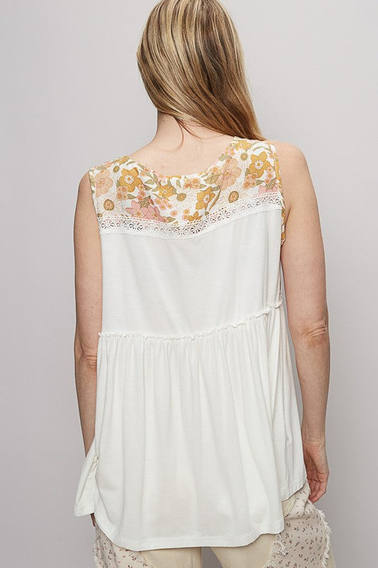 POL Lace Detail Frill Floral V-Neck Sleeveless Top - felvior
