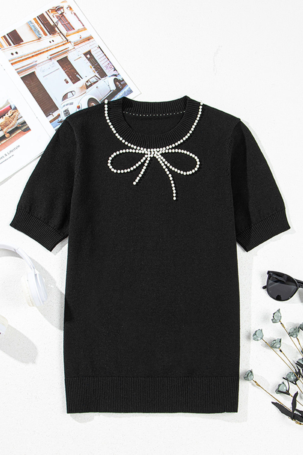 Pearl Bow Necklace Embellished Short Sleeve Knit Top - felvior