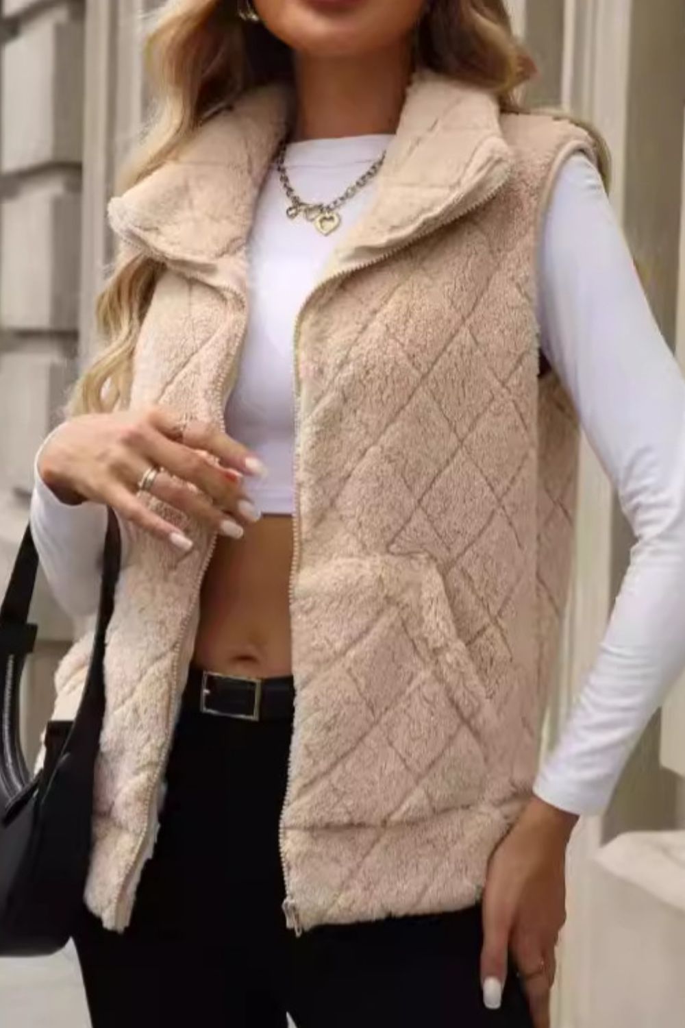 Fuzzy Plaid Texture Zip Up Vest Coat - felvior