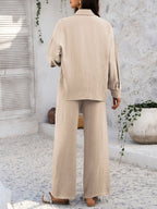 Devine Collared Neck Long Sleeve Top and Pants Set