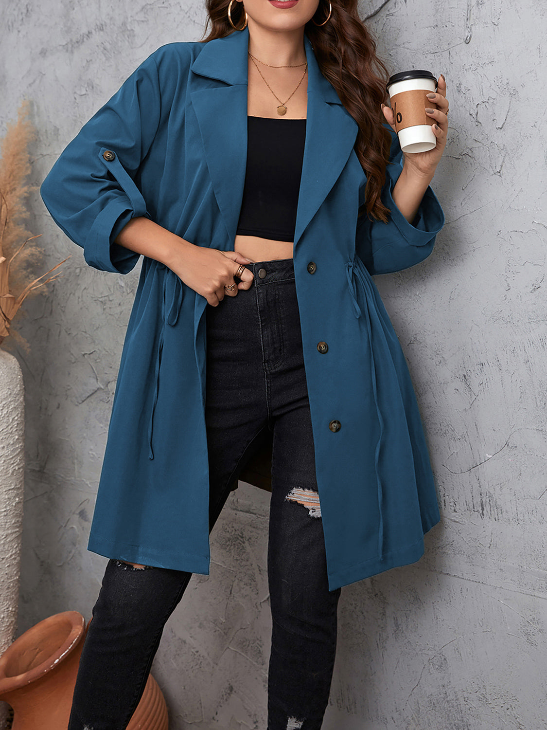 Honey Plus Size Lapel Collar Drawstring Roll-Tab Sleeve Trench Coat - felvior