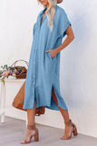 Slit Button Up Short Sleeve Imitation Denim Dress - felvior