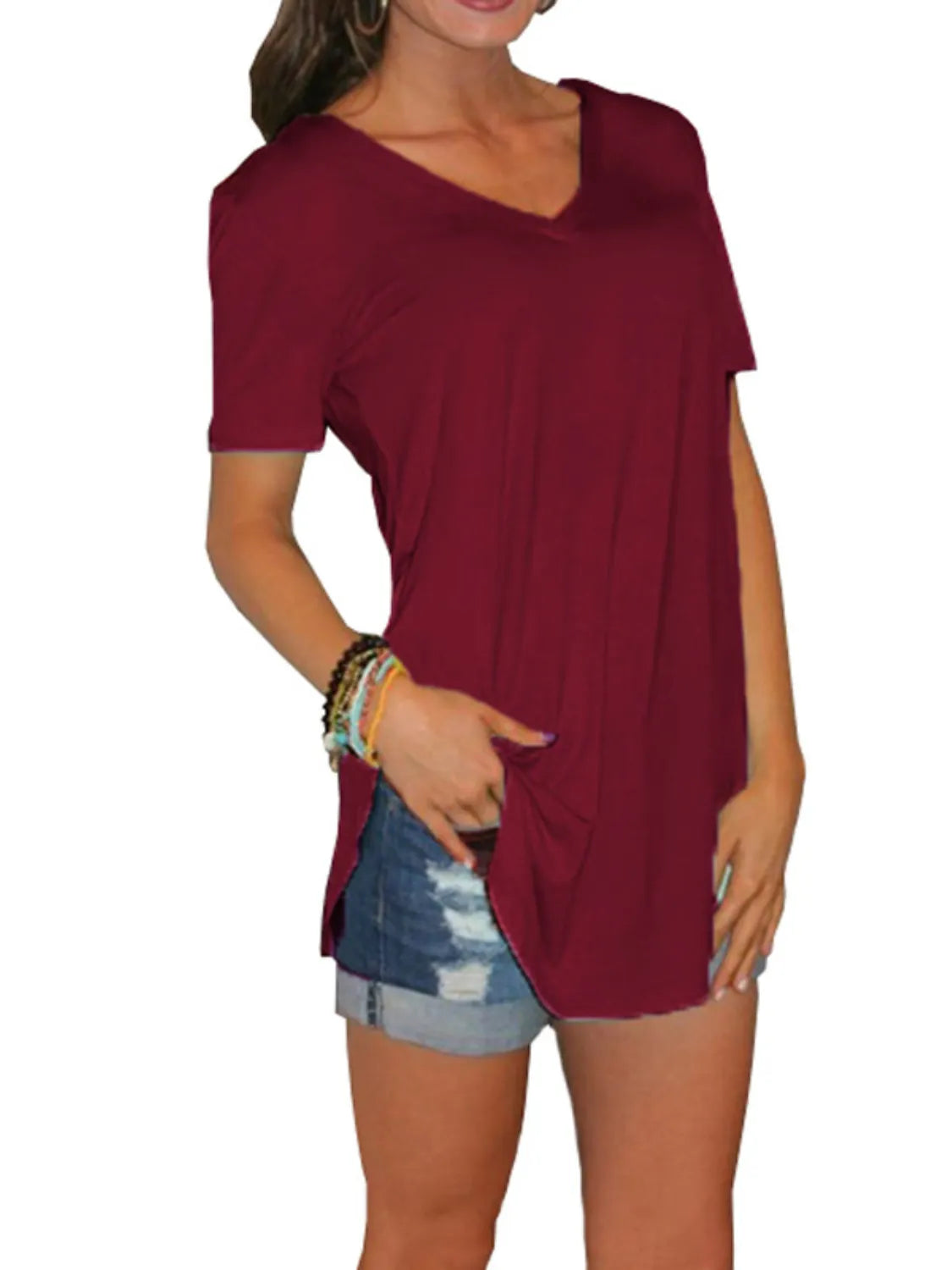Full Size Solid V-Neck Short Sleeve T-Shirt Plus Size - felvior