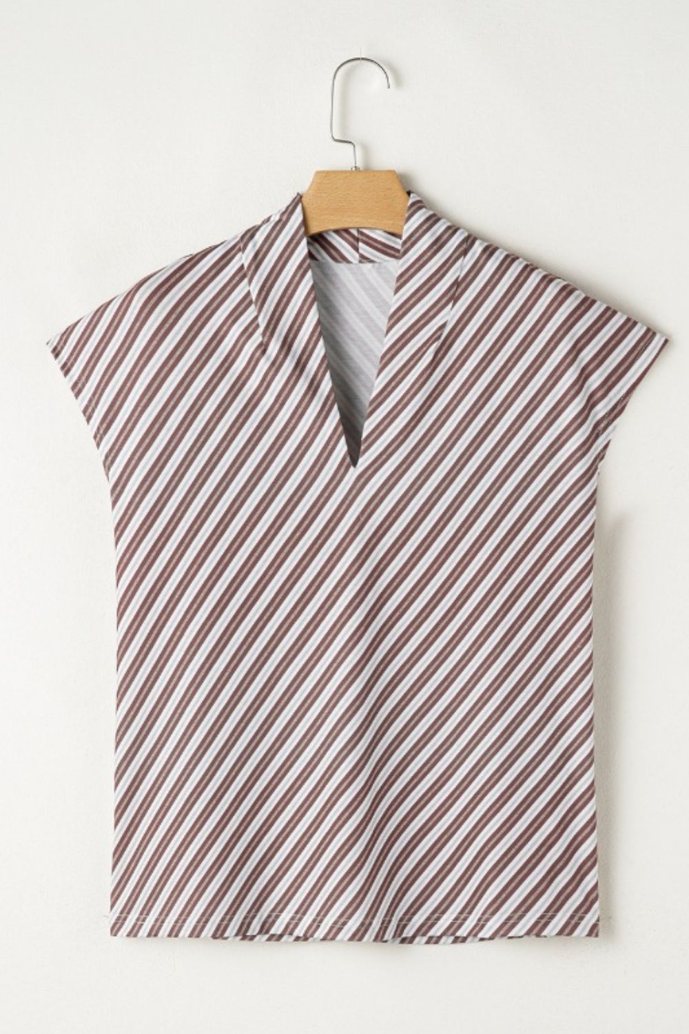 Striped V Neck Cap Sleeve Blouse - felvior