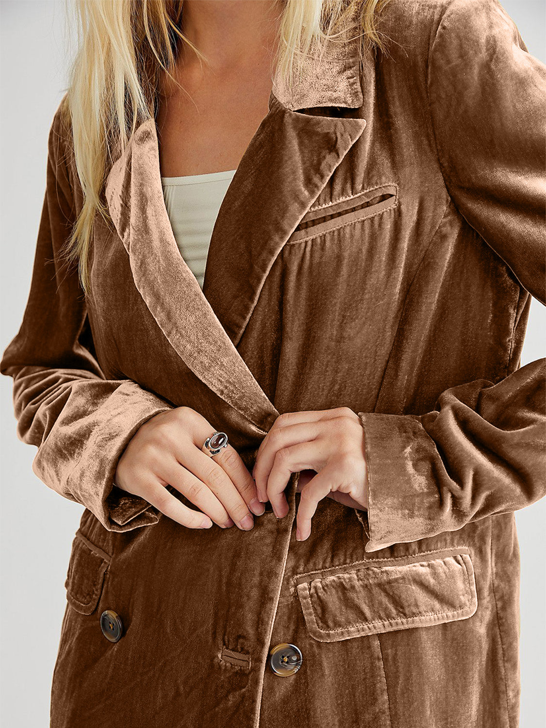 Lapel Collar Long Sleeve Blazer with Pockets - felvior