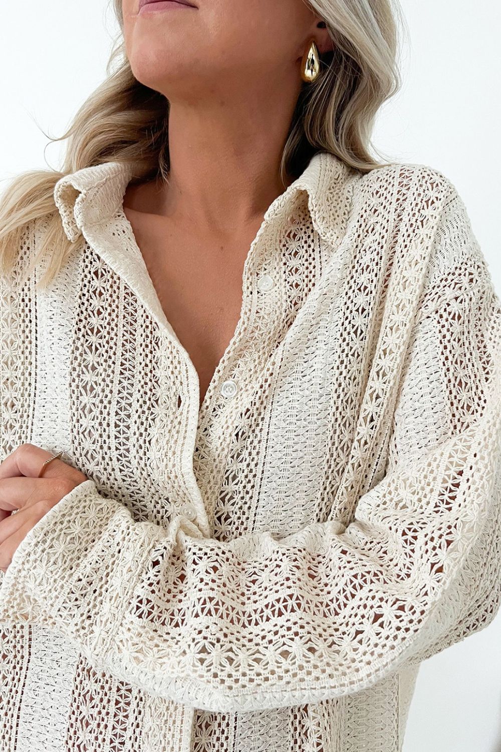 Lace Crochet Collared Neck Oversized Shirt - felvior