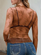 Floral Mock Neck Long Sleeve Mesh Top