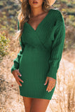 Cable-Knit Surplice Lantern Sleeve Sweater Dress - felvior