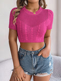 Cable Knit Openwork Round Neck Knit Top - felvior