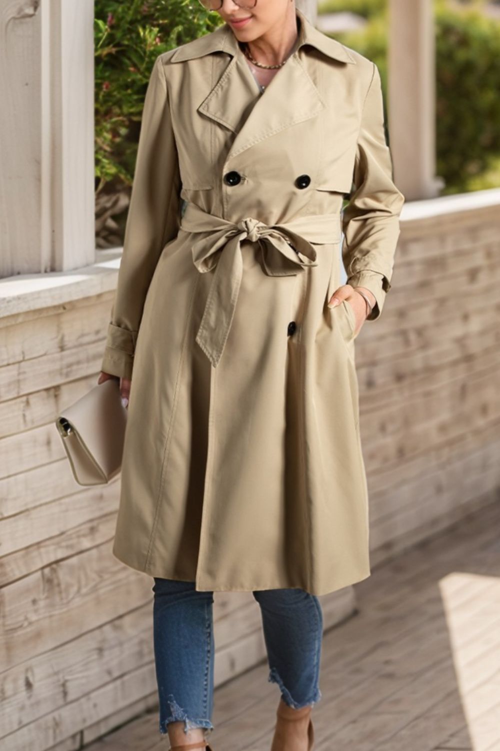 Collared Neck Tie Waist Buttoned Long Sleeve Trench Coat - felvior