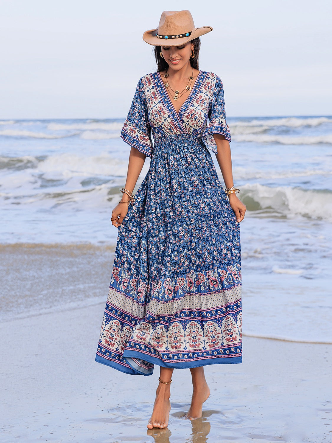 Ruched Printed Flounce Sleeve Midi Dress - felvior