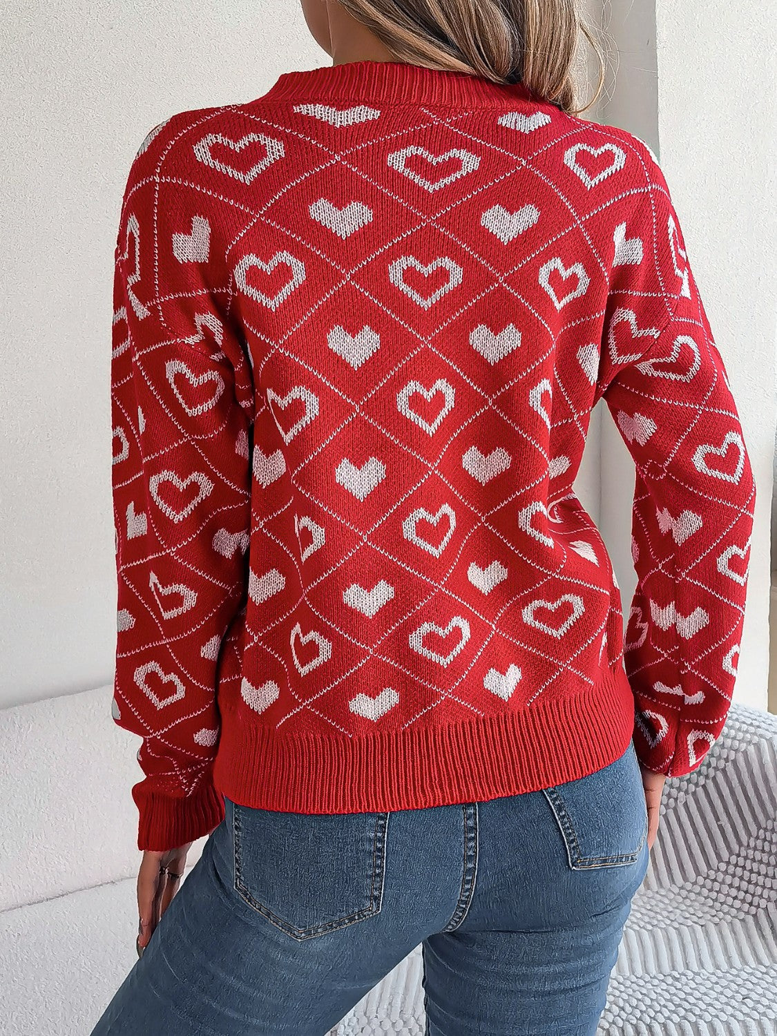 Heart Pattern V-Neck Long Sleeve Sweater - felvior