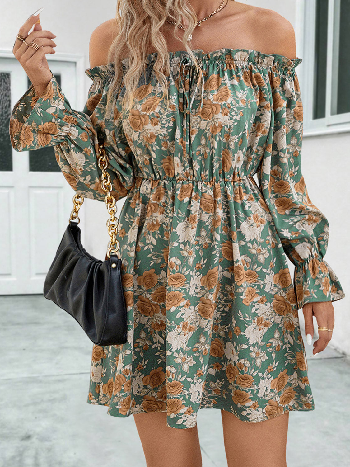 Floral Off-Shoulder Flounce Sleeve Dress - felvior