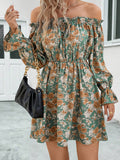 Floral Off-Shoulder Flounce Sleeve Dress - felvior