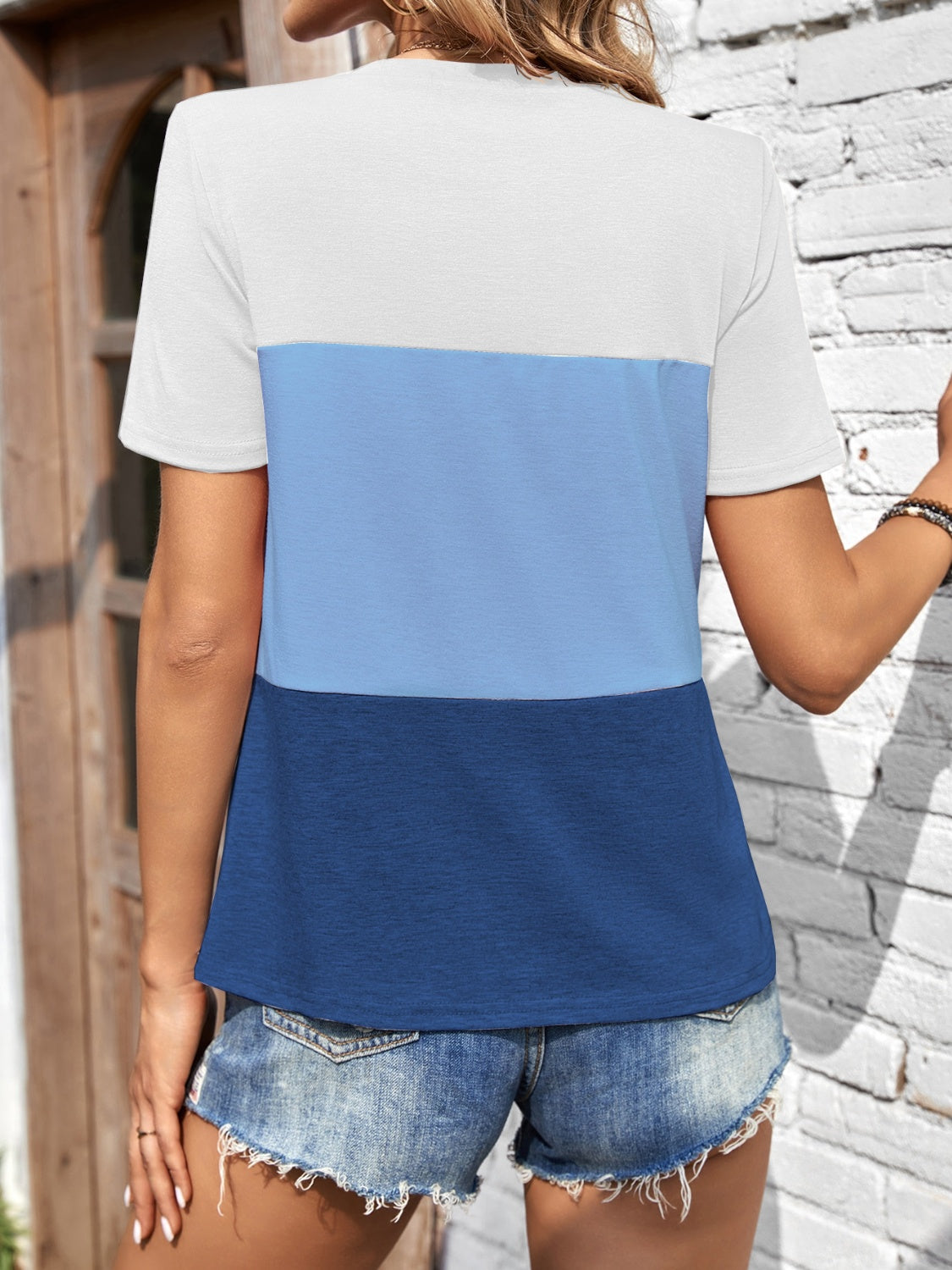 Color Block Round Neck Short Sleeve T-Shirt - felvior
