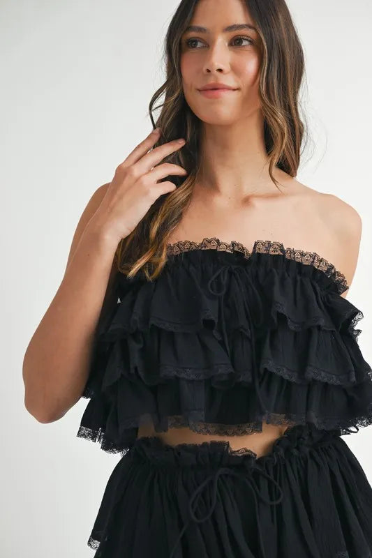 MABLE Ruffle Layered Crop Top and Mini Skirt Set - felvior