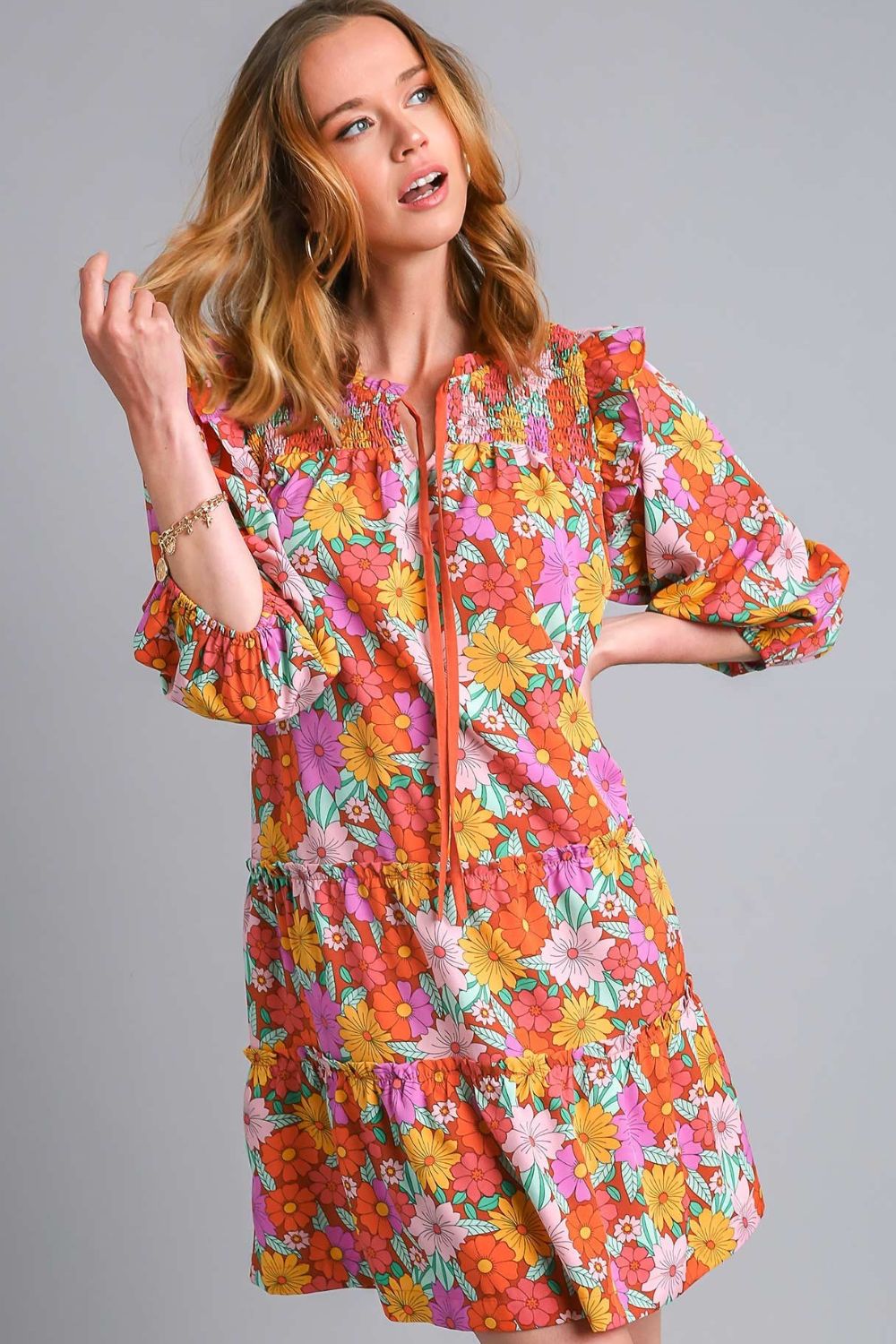 Umgee Full Size Ruffled Flower Print Tie Neck Tiered Dress Plus Size Image principale du produit