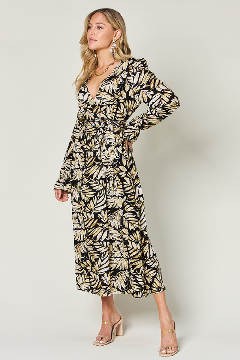 Double Take Full Size Tie Back Flounce Sleeve Dress - felvior