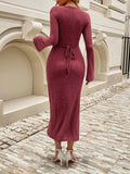 Devine Tied V-Neck Long Sleeve Sweater Dress - felvior