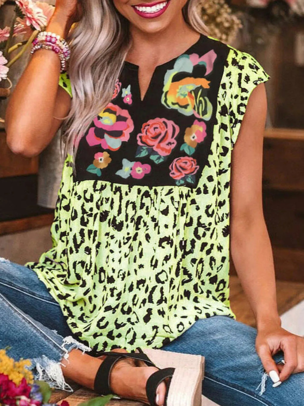 Full Size Leopard Floral Notched Cap Sleeve Blouse Plus Size