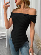 Ribbed Off-Shoulder Asymmetrical Hem T-Shirt