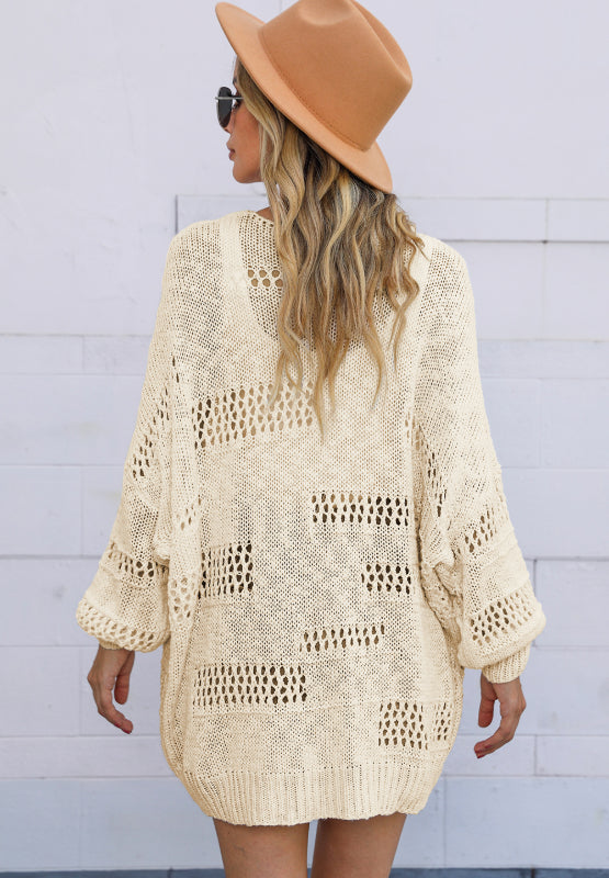 Openwork Open Front Long Sleeve Cardigan - felvior