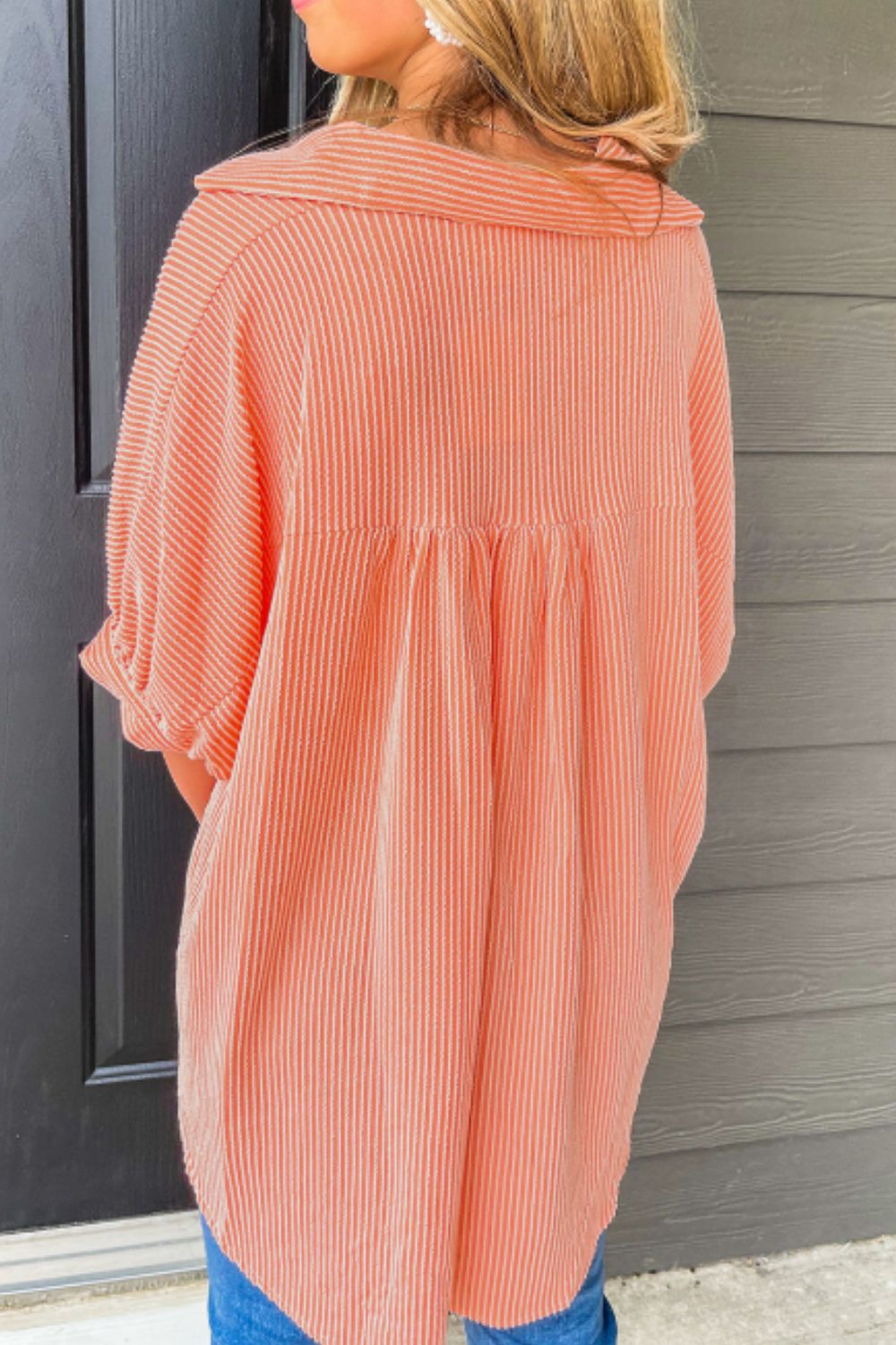 Corded Half Sleeve Button Up High Low Shirt - felvior