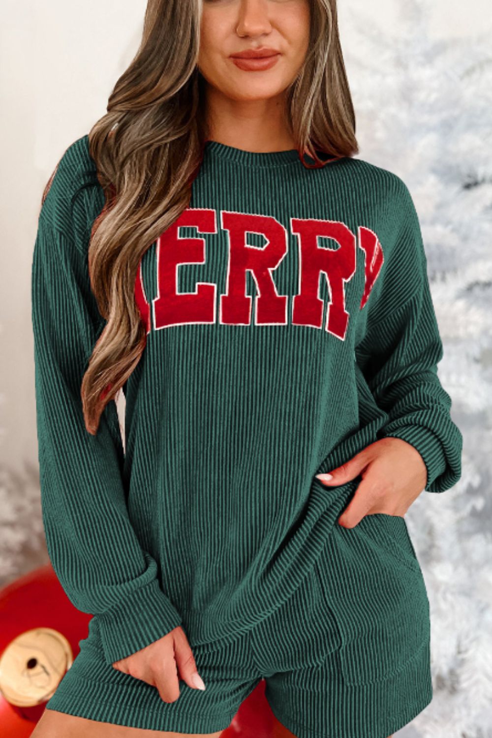 MERRY Round Neck Long Sleeve Top and Shorts Lounge Set - felvior