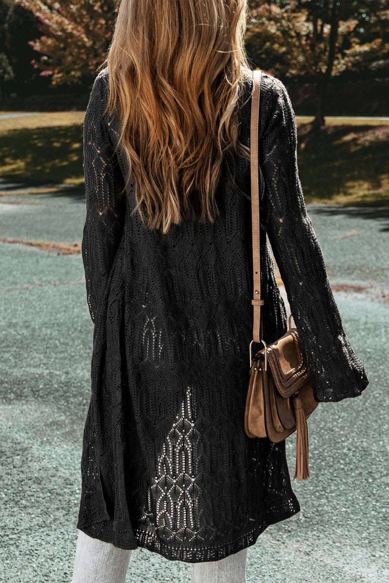 Openwork Open Front Long Sleeve Cardigan - felvior