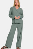 Zenana Button Down Long Sleeve Top and Pants Lounge Set - felvior