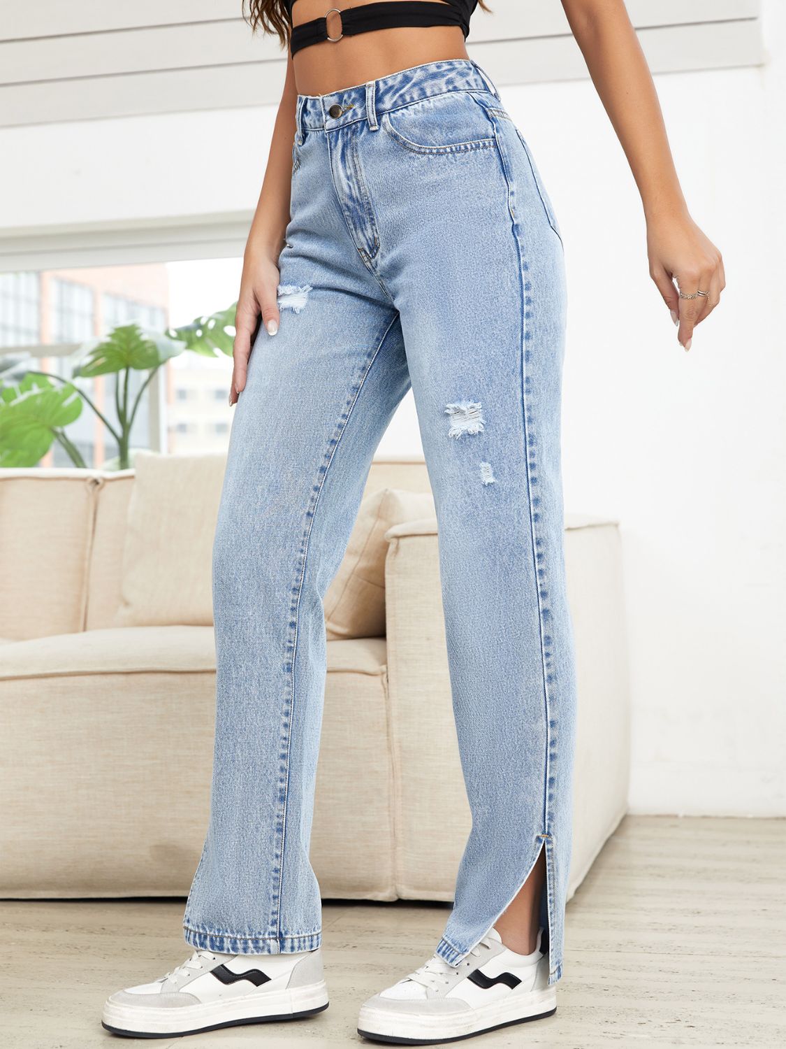 Distressed Slit Straight Leg Jeans - felvior