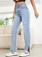 Distressed Slit Straight Leg Jeans