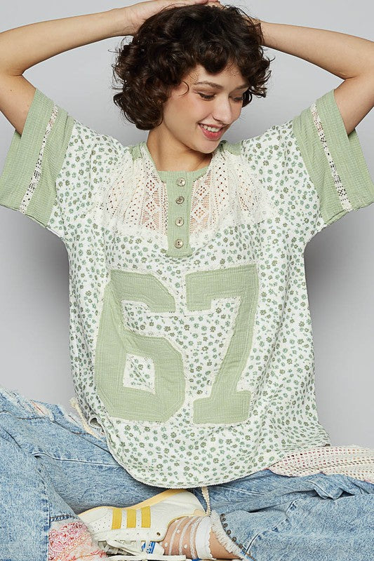 POL Number Floral Crochet Button Detail Half Sleeve Top - felvior