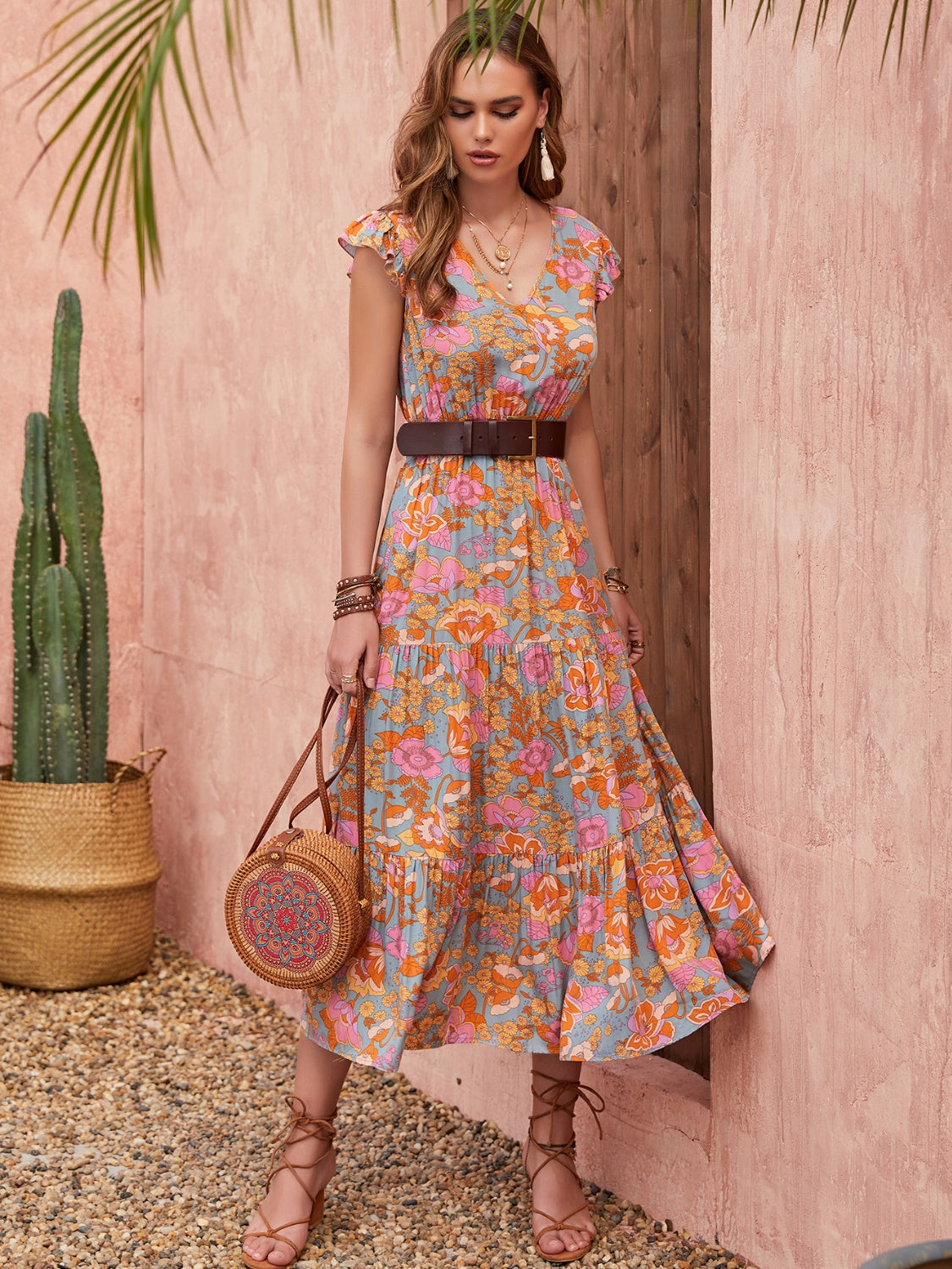 Ruffled Printed V-Neck Cap Sleeve Tiered Dress - felvior