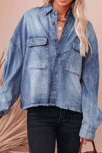 Collared Neck Raw Hem Long Sleeve Denim Shirt