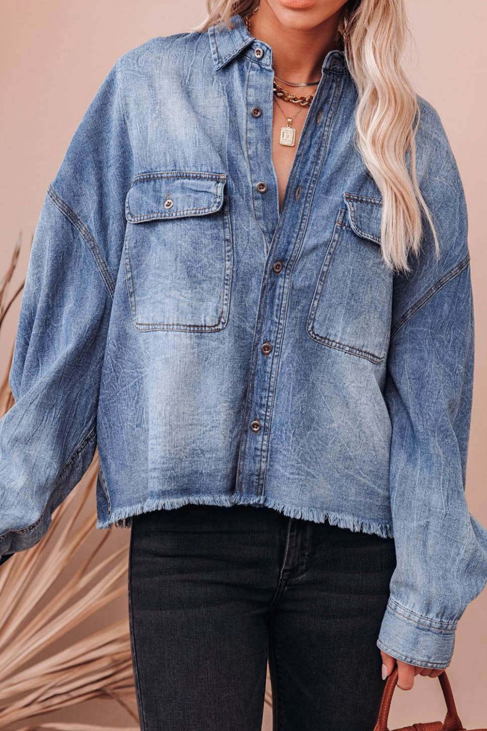 Collared Neck Raw Hem Long Sleeve Denim Shirt - felvior