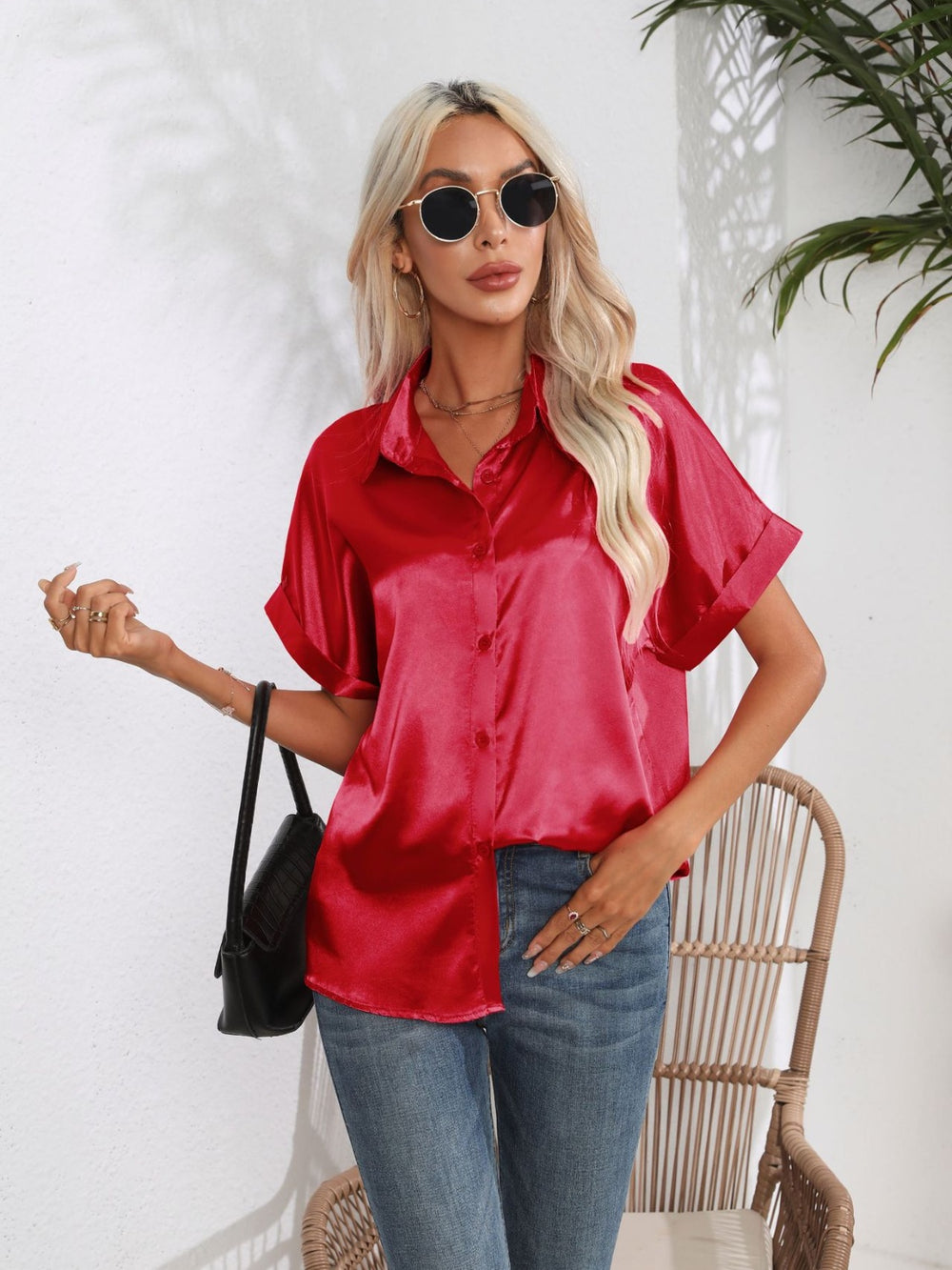 Button Down Collared Neck Short Sleeve Satin Shirt