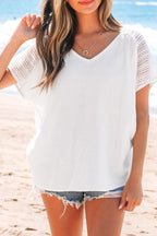 Lace Crochet Textured Button Back V Neck T Shirt