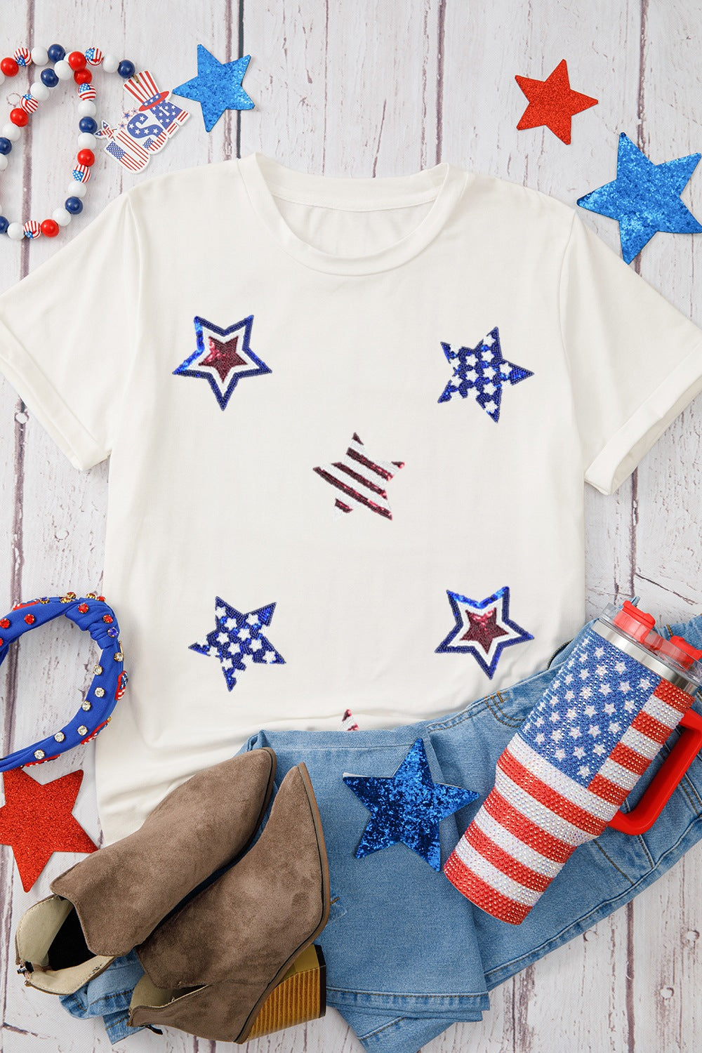 Sequin Star Round Neck Short Sleeve T-Shirt
