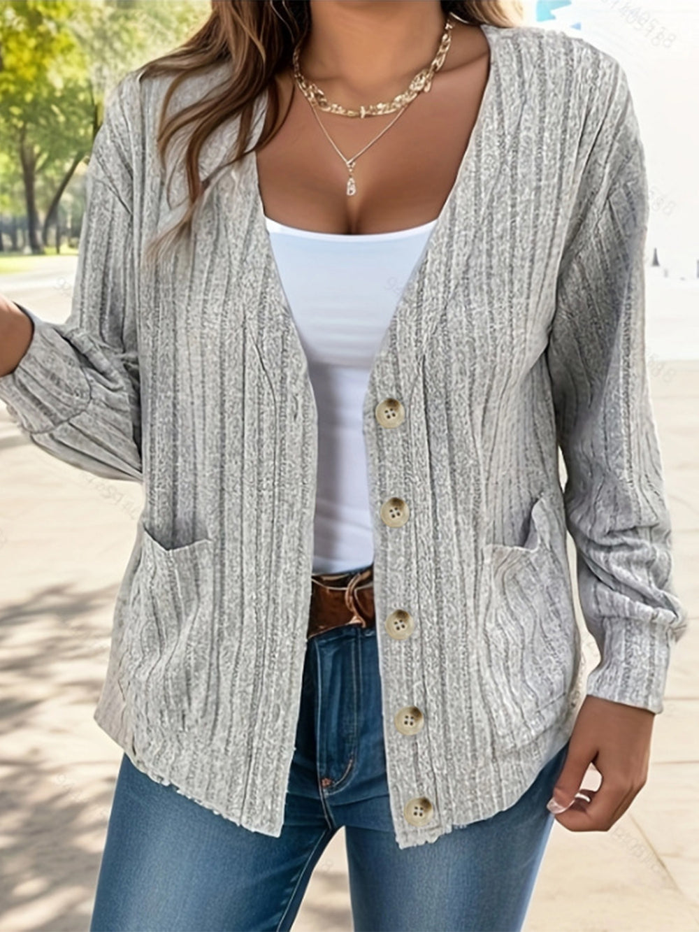 Full Size Button Up V-Neck Long Sleeve Cardigan - felvior