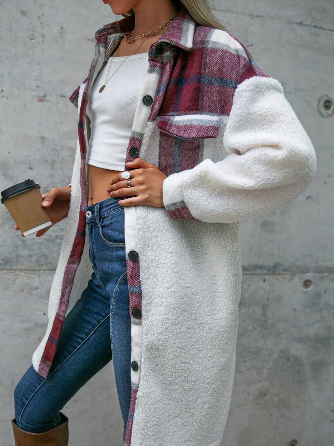 Plaid Dropped Shoulder Longline Coat - felvior