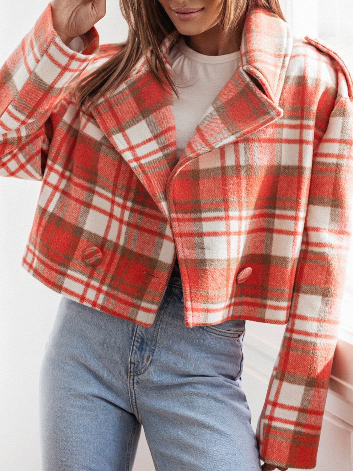 Lapel Collar Plaid Cropped Jacket - felvior