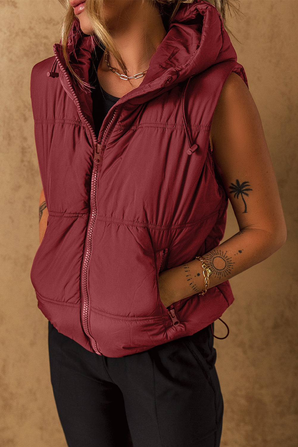 Drawstring Zip Up Hooded Vest Coat - felvior