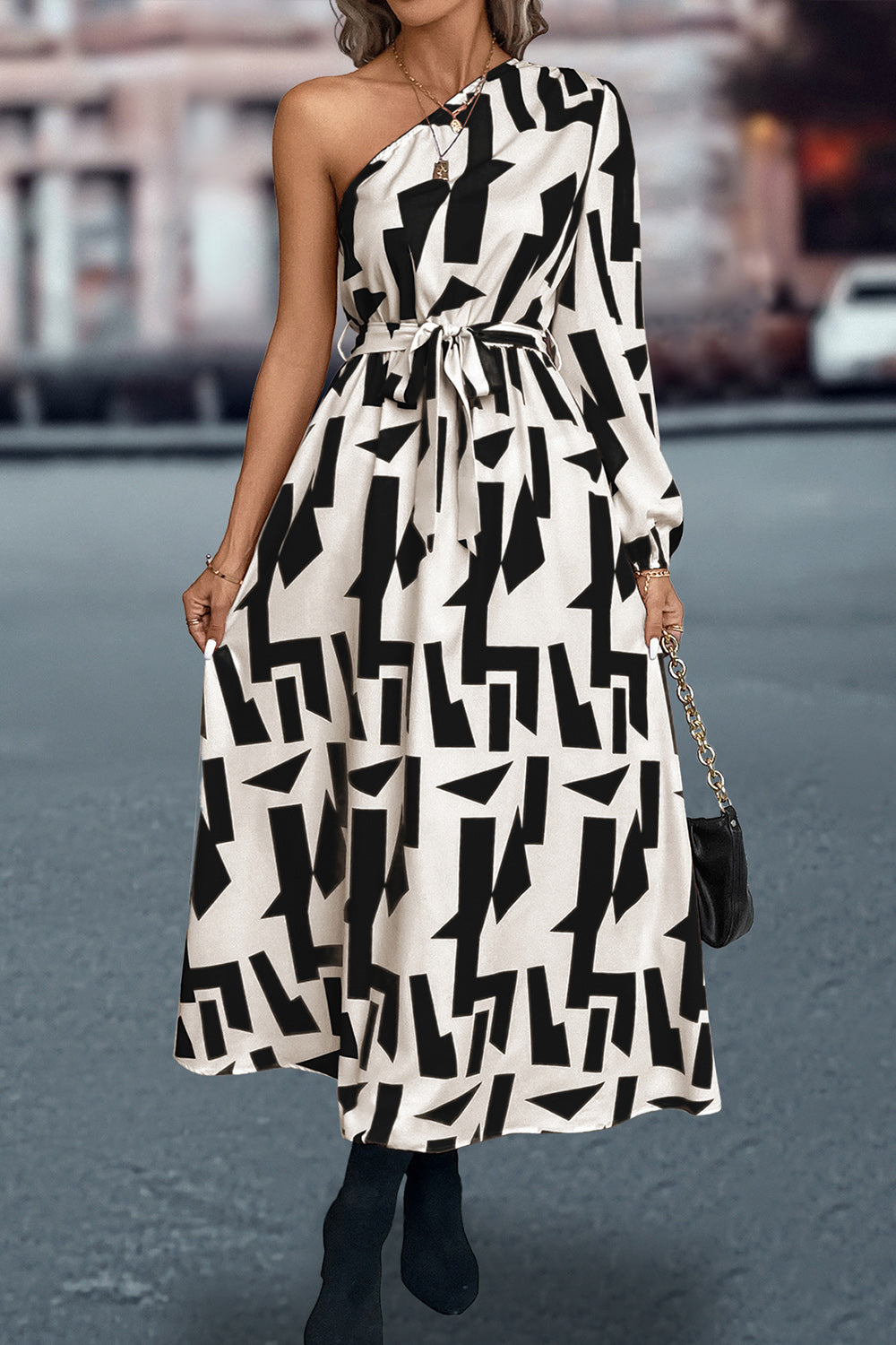 Printed One-Shoulder Tie Waist Dress - felvior