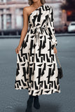 Printed One-Shoulder Tie Waist Dress - felvior