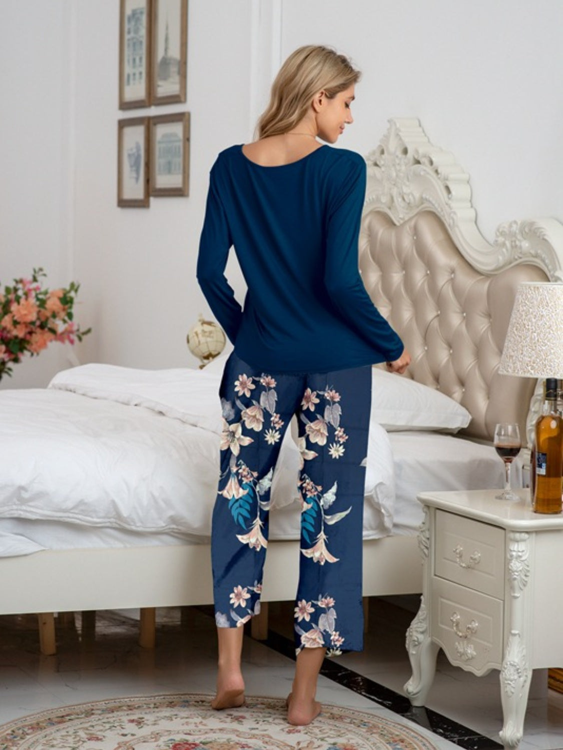 Round Neck Top and Printed Pants Lounge Set - felvior