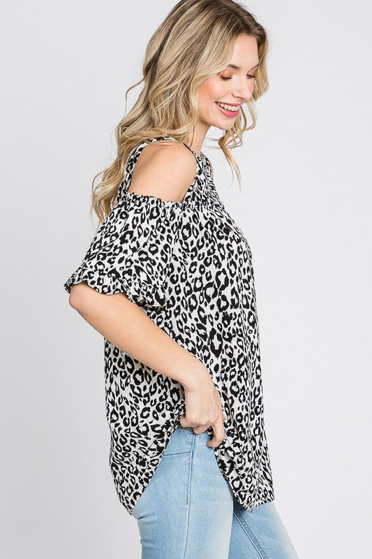 Heimish Full Size Leopard Round Neck Cold Shoulder T-Shirt Plus Size
