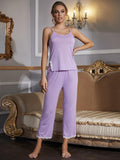 V-Neck Lace Trim Slit Cami and Pants Pajama Set - felvior