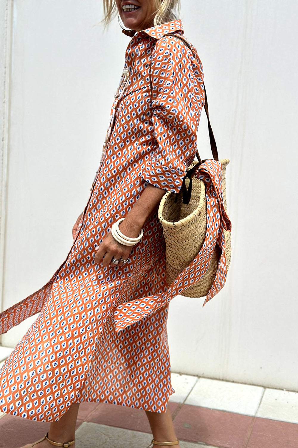 Tied Button Up Three-Quarter Sleeve Dress - felvior